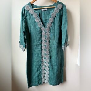HARIS COTTON Linen Shift Dress Green‎ Medallion Resort Lightweight Coastal M